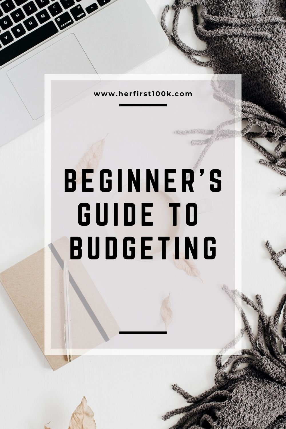 A desk with a pen, notebook, and blanket with text Beginner's Guide to Budgeting