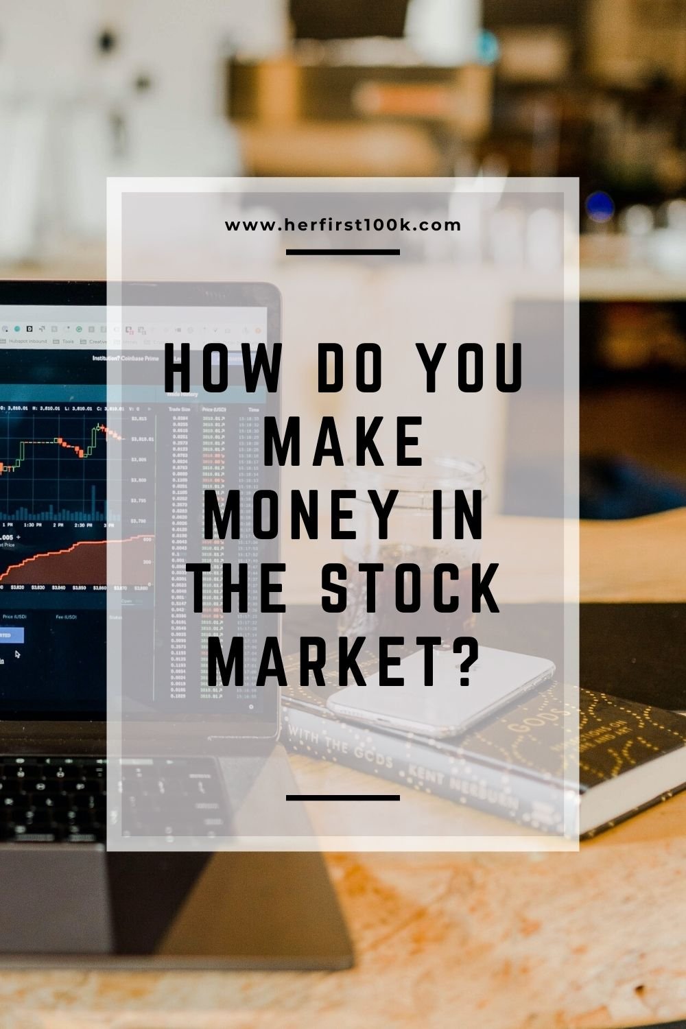 Image of a computer open to stock market ticker with notebook and iphone laying next to it. Overlay text says "HOW DO I MAKE MONEY IN THE STOCK MARKET?"