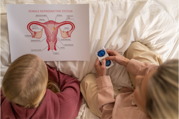 Woman and child reviewing a chart of the female reproductive system